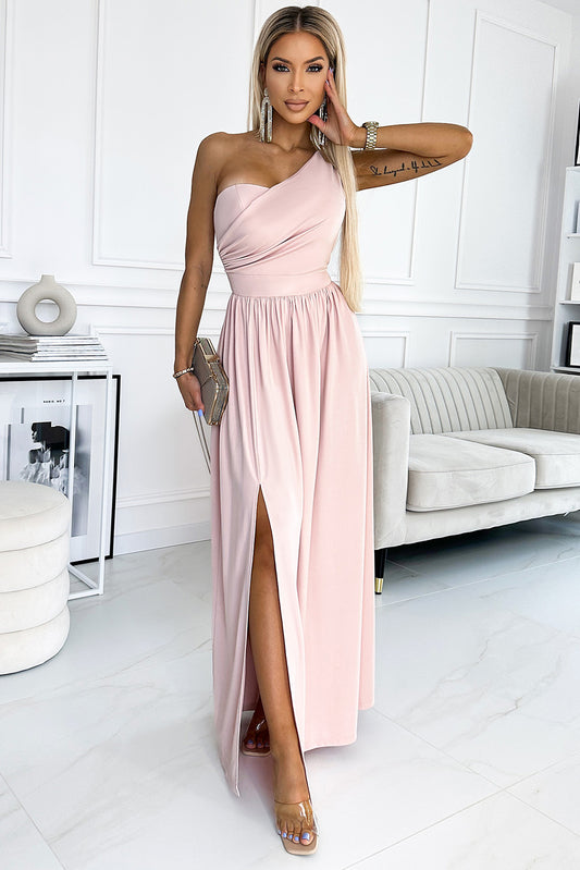 Pink One-Shoulder Slit Maxi Dress