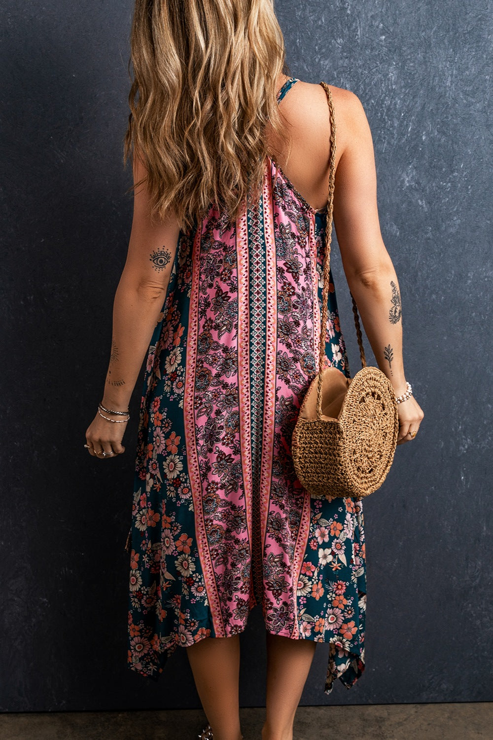 Printed V-Neck high-Low Midi Cami Dress