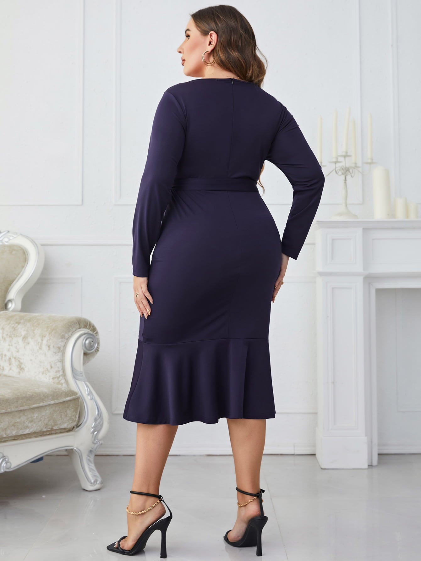 Plus Size Buttoned Round Neck Tie Belt Midi Dress