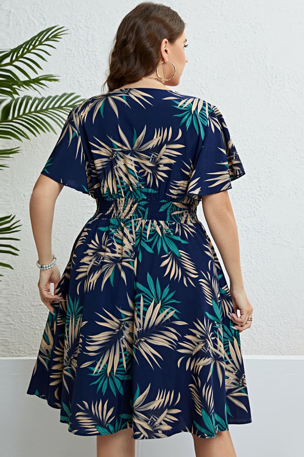 Tropical Print Flutter Sleeve Smocked Waist Dress