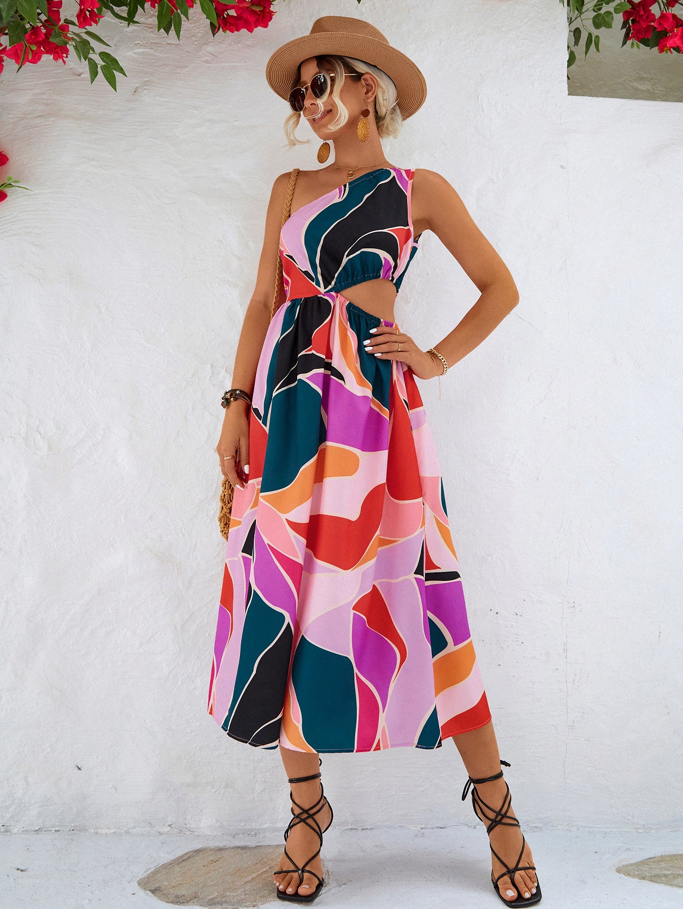 Printed One-Shoulder Sleeveless Cutout Dress