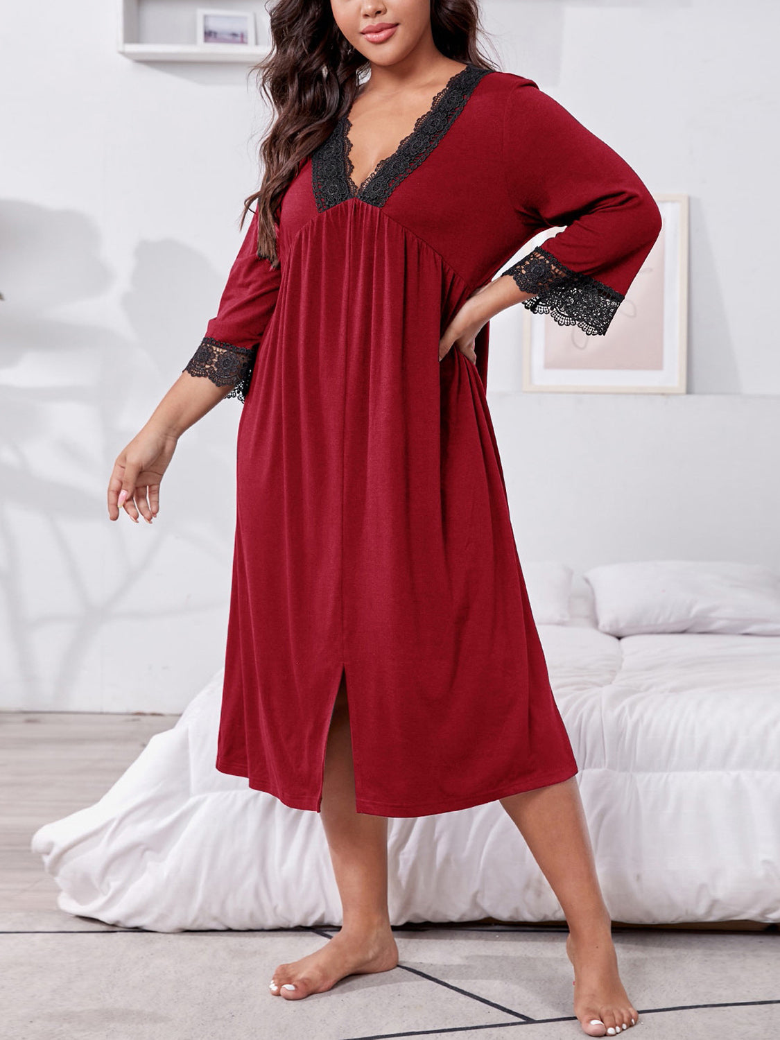 Plus Size Lace Detail V-Neck Casual Dress