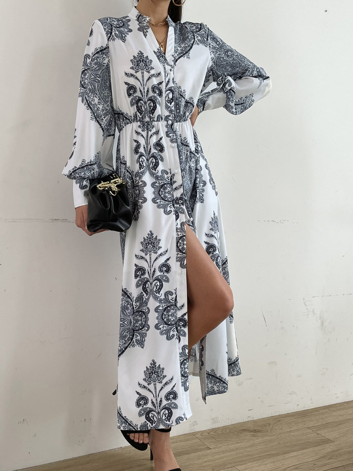 Printed Notched Long Sleeve Lantern Sleeve Midi Dress