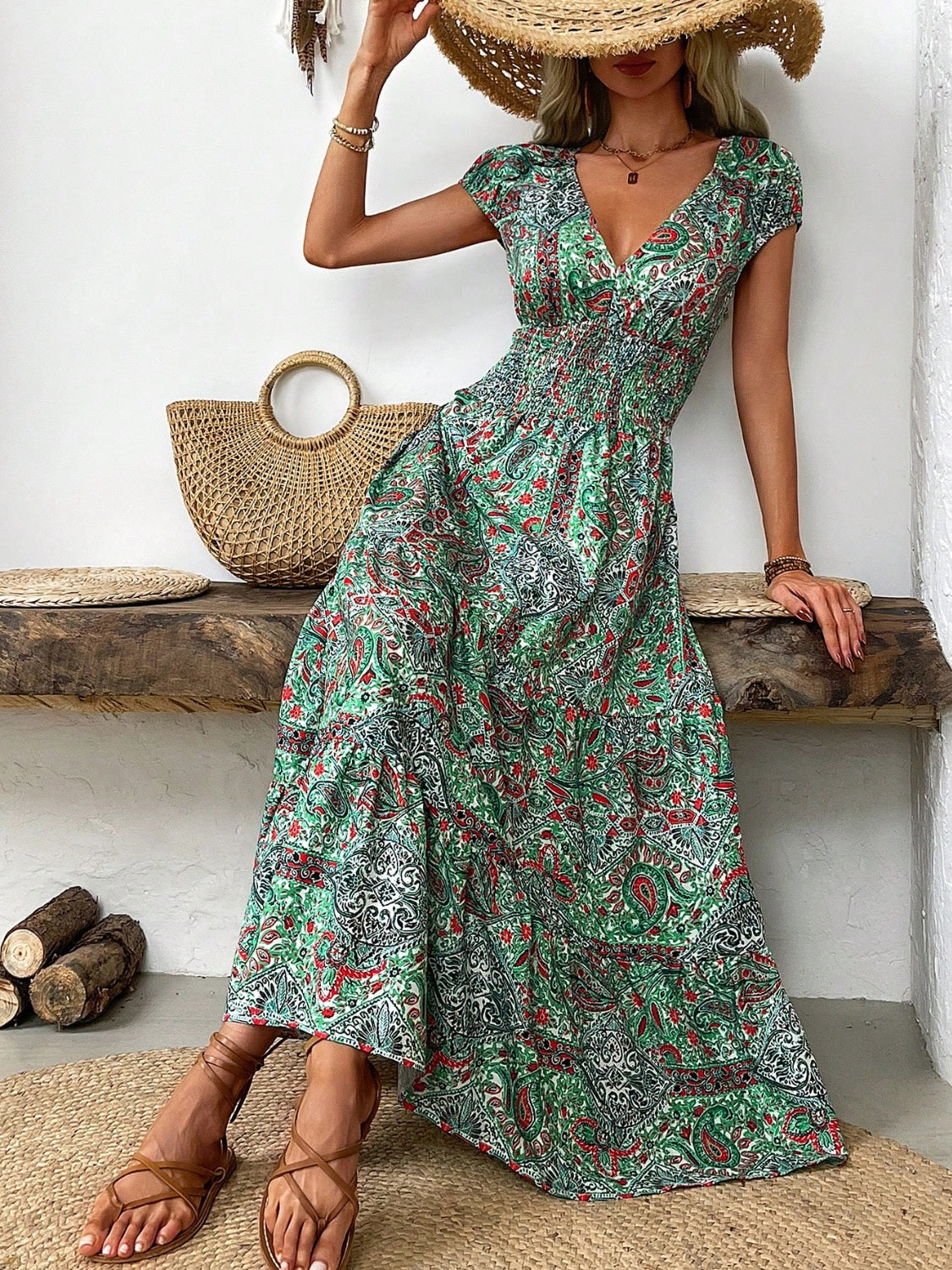 Paisley Cap Sleeve Midi Dress