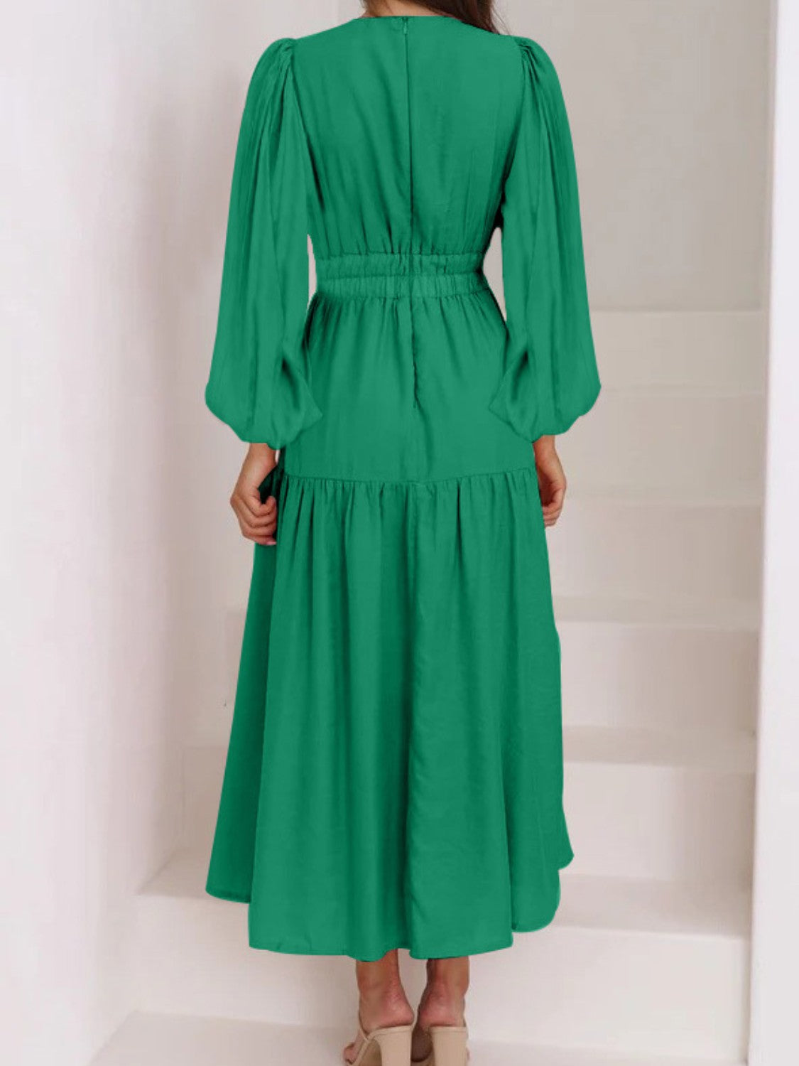 Balloon Sleeve Deep V-Neck Maxi Dress