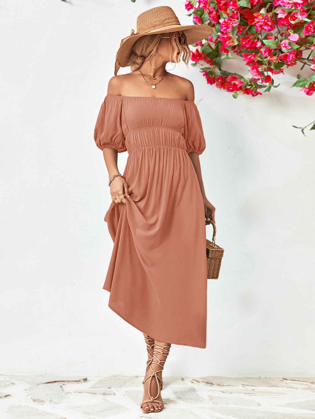 Chic Off-Shoulder Balloon Sleeve Midi Dress