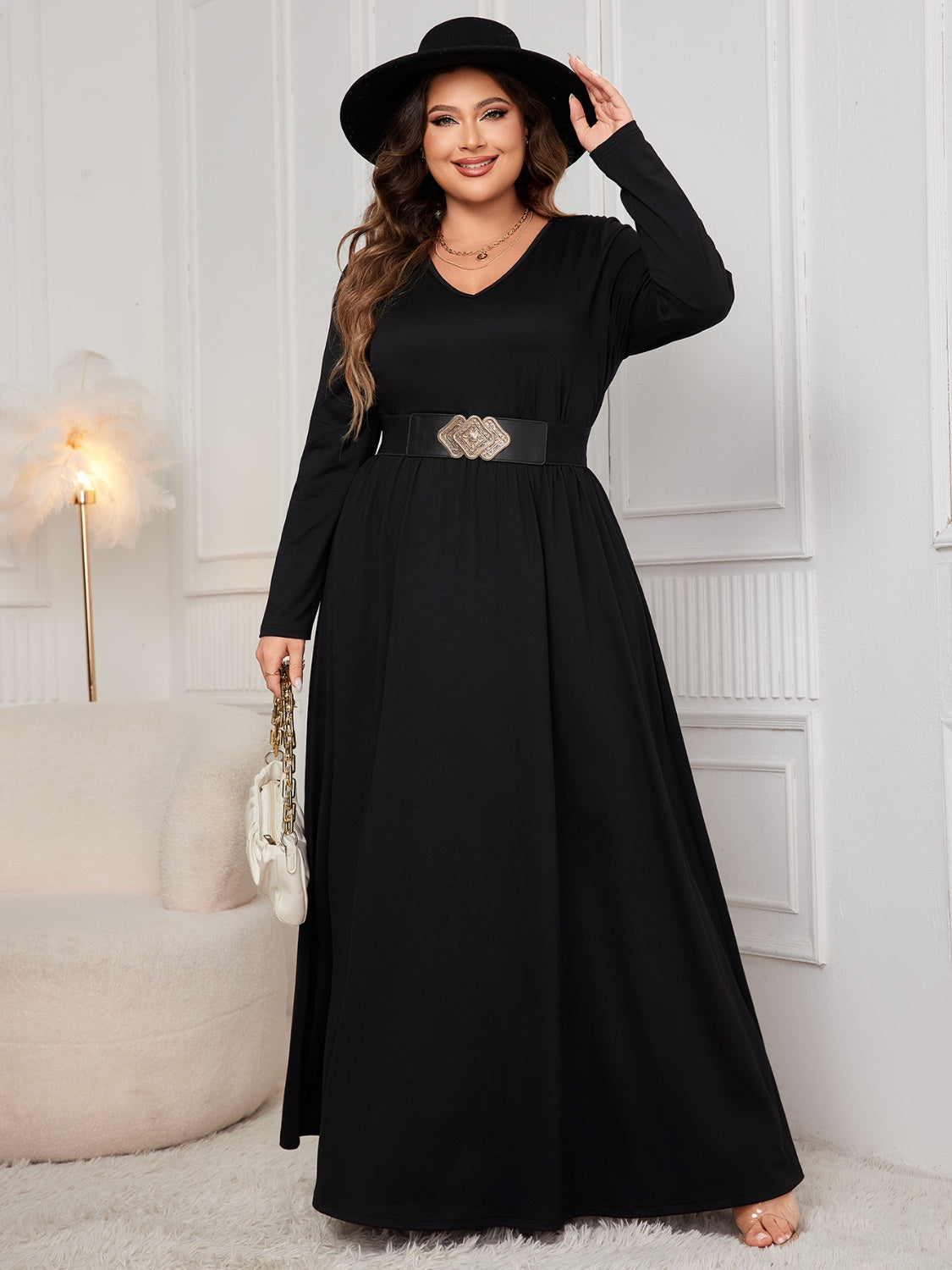 Plus Size Cutout Back V-Neck Long Sleeve Maxi Dress