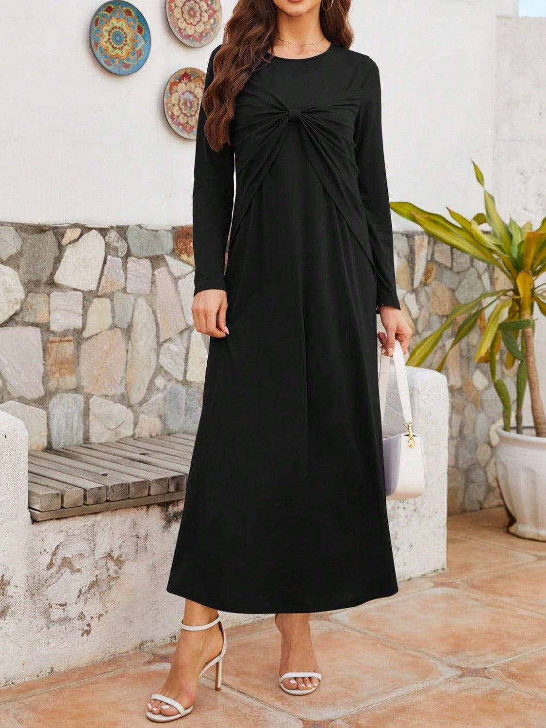 Twist Top Round Neck Long Sleeve Dress