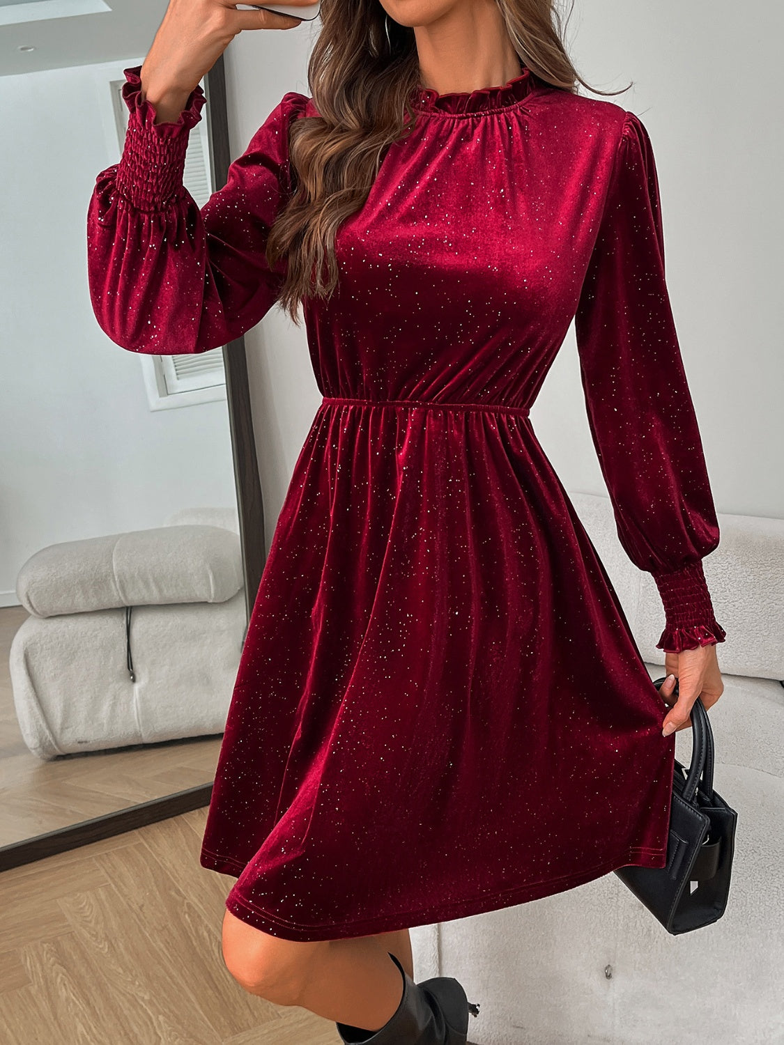 Mock Neck Glitter Long Sleeve Mini Dress