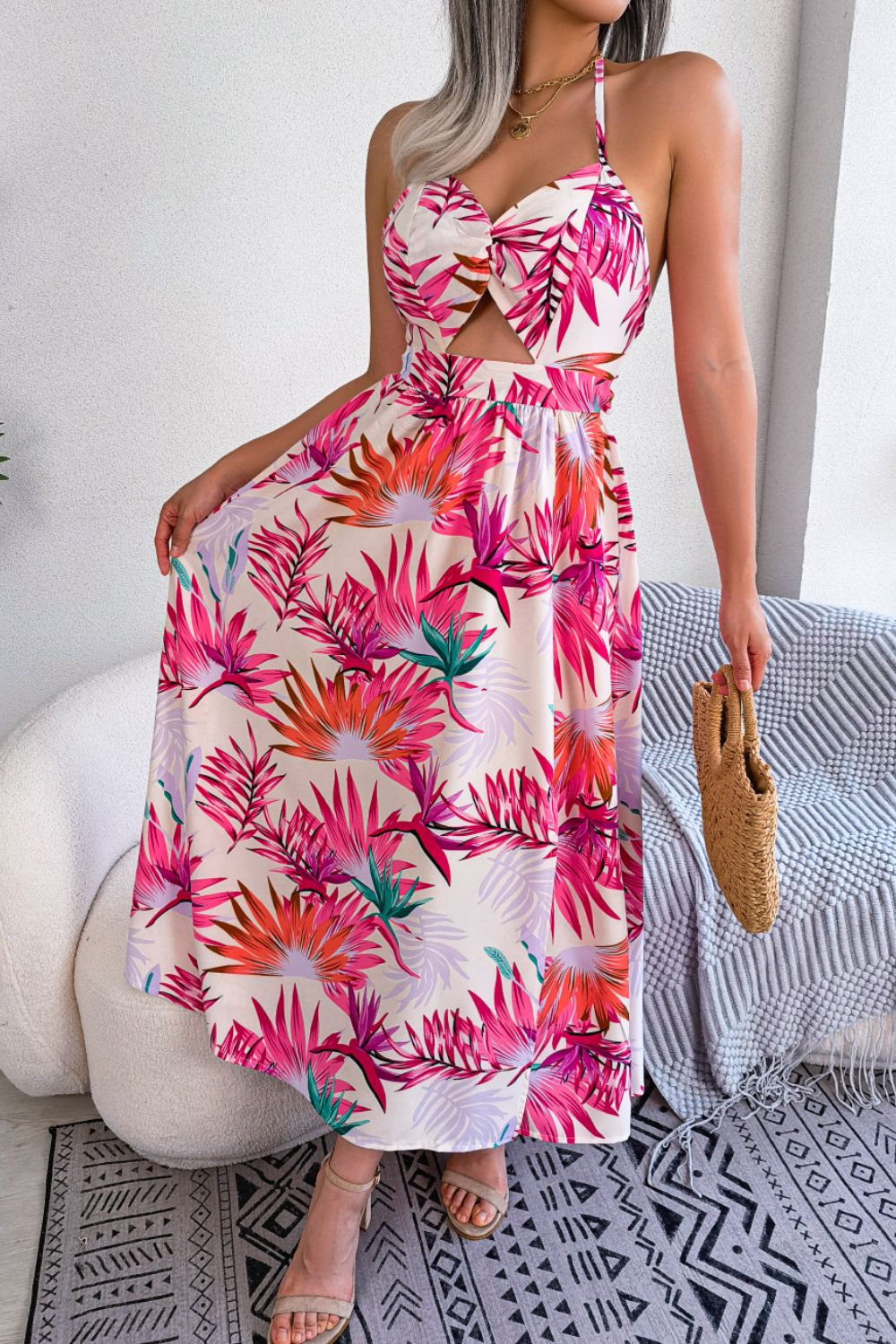 Botanical Print Backless split Dress