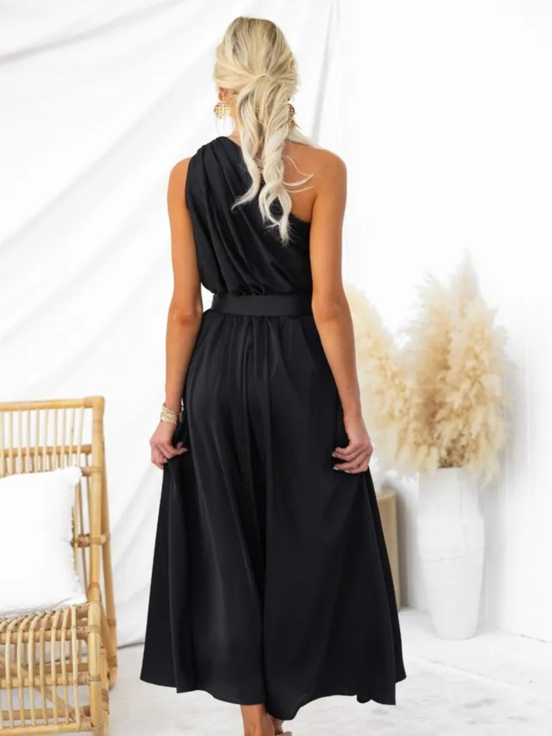 Ruched One Shoulder Tie Waist Dress