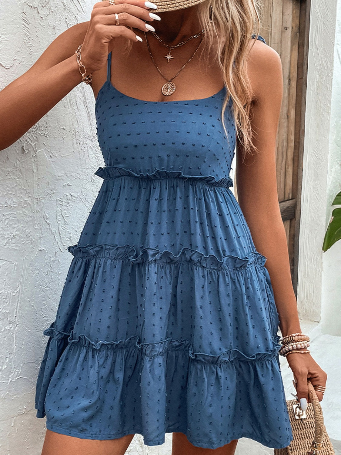 Tied Spaghetti Strap Tiered Frill Dress