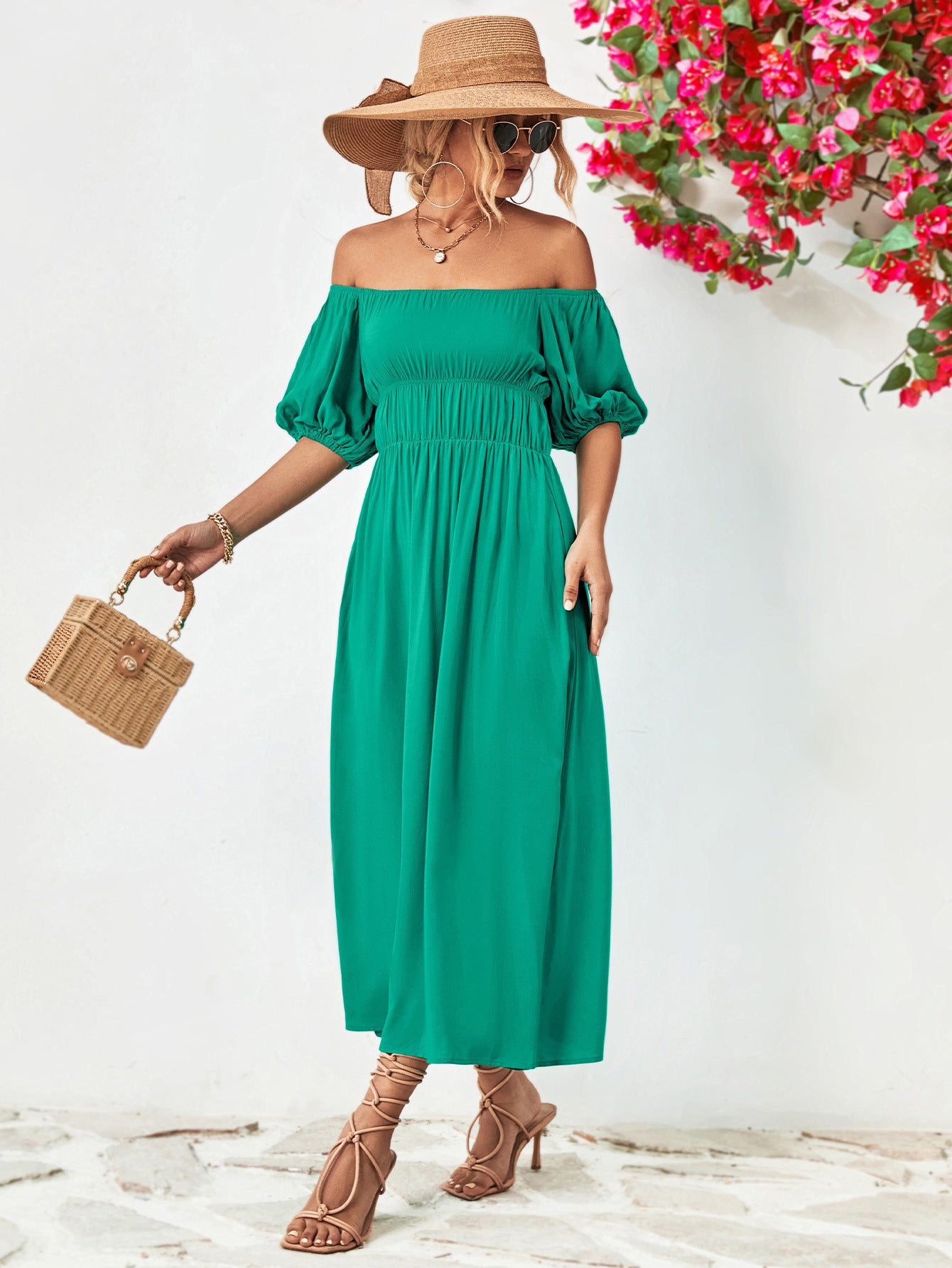 Chic Off-Shoulder Balloon Sleeve Midi Dress