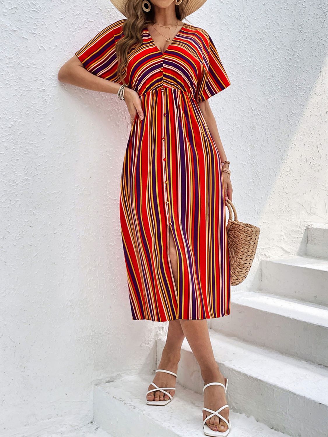 Colorful Striped V-Neck Short Sleeve Split Midi Dress