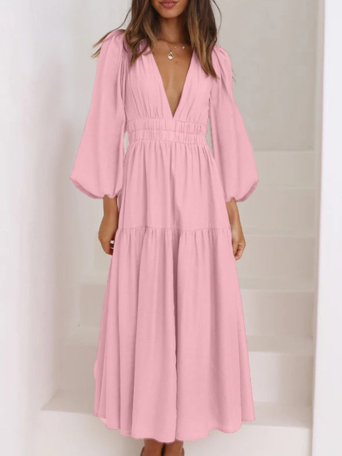 Balloon Sleeve Deep V-Neck Maxi Dress