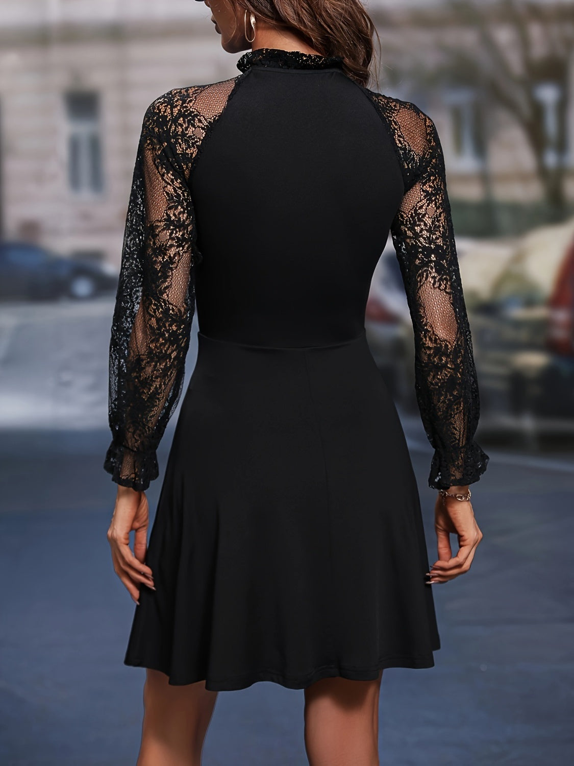 Black Lace Sleeve Tie Neck Cocktail Dress