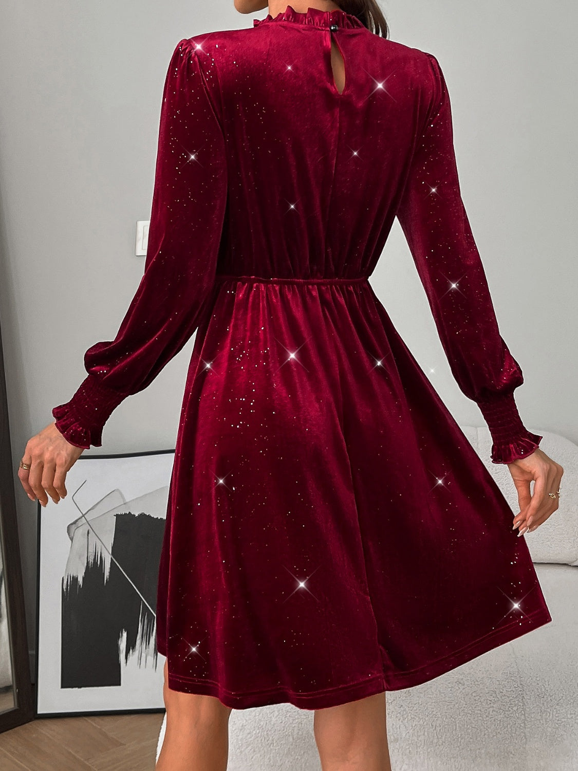 Mock Neck Glitter Long Sleeve Mini Dress