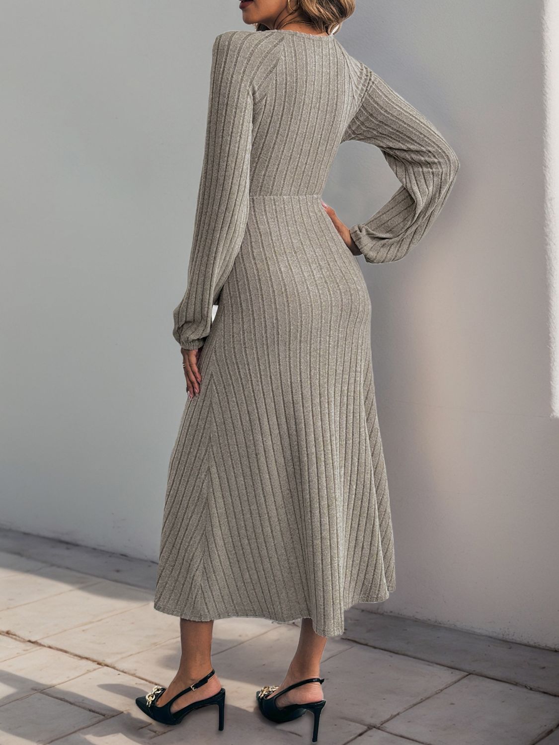 Ribbed Tied Surplice Long Sleeve Wrap Dress