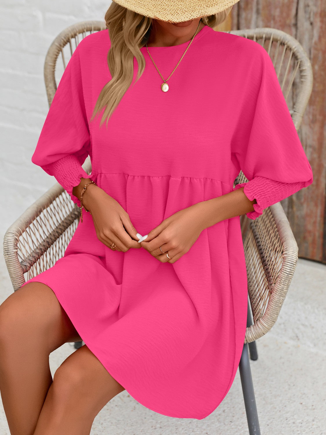 Lantern Sleeve Round Neck Mini Dress