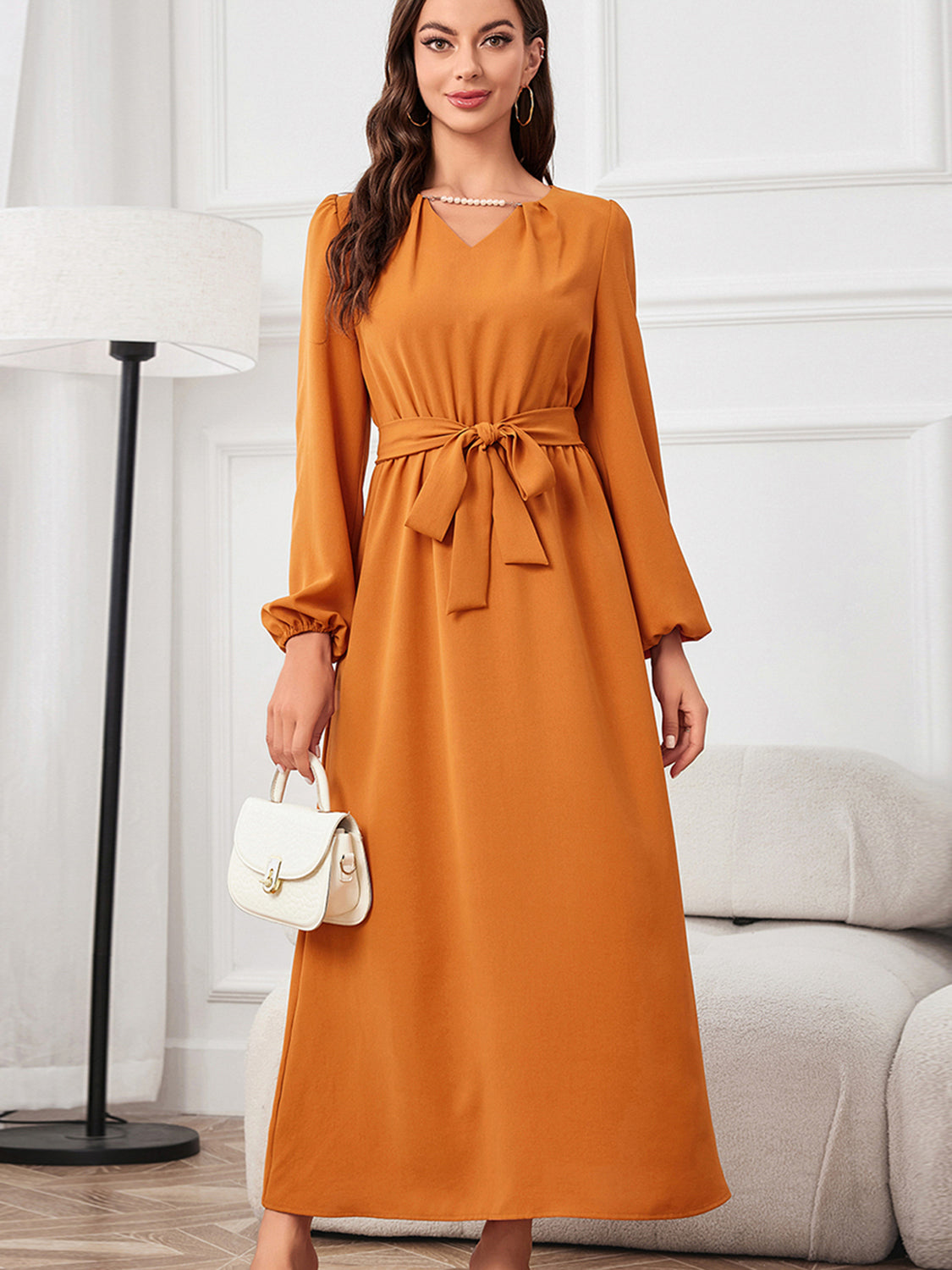 Orange Tie Waist Puff Sleeve Maxi Dress