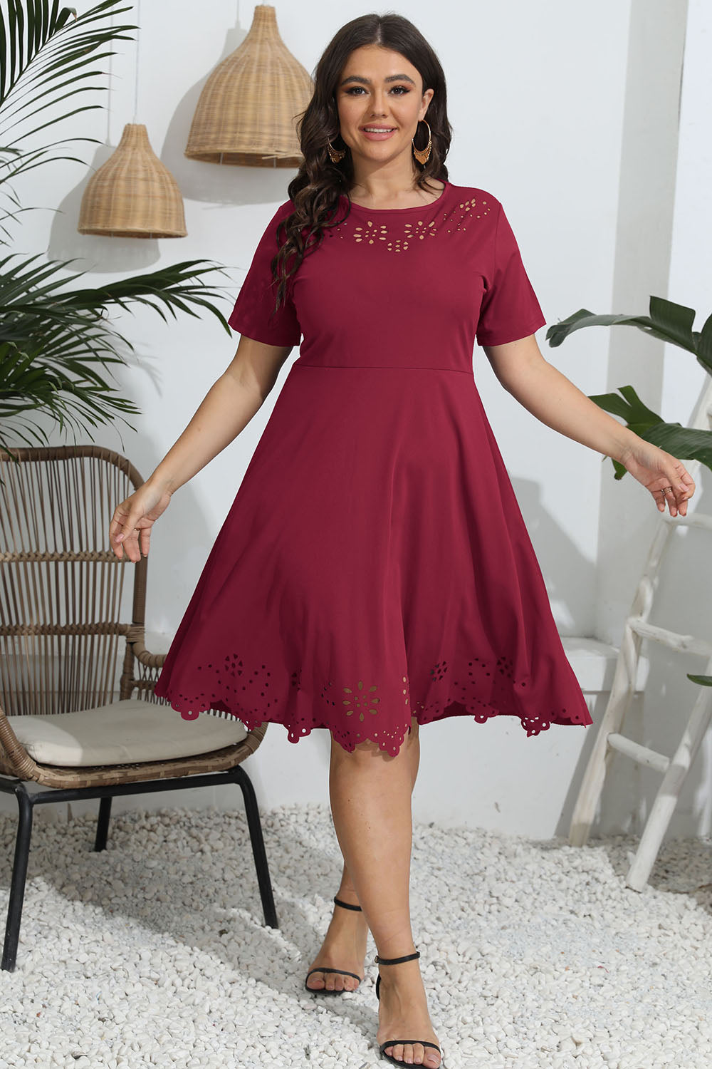 Plus Size Round Neck Eyelet Dress