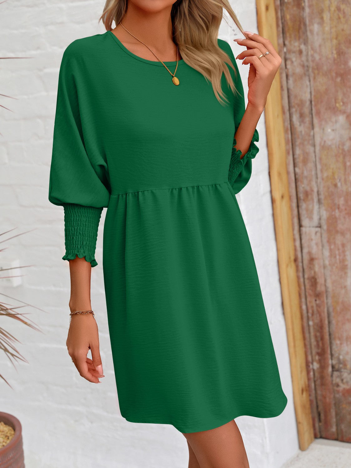 Lantern Sleeve Round Neck Mini Dress