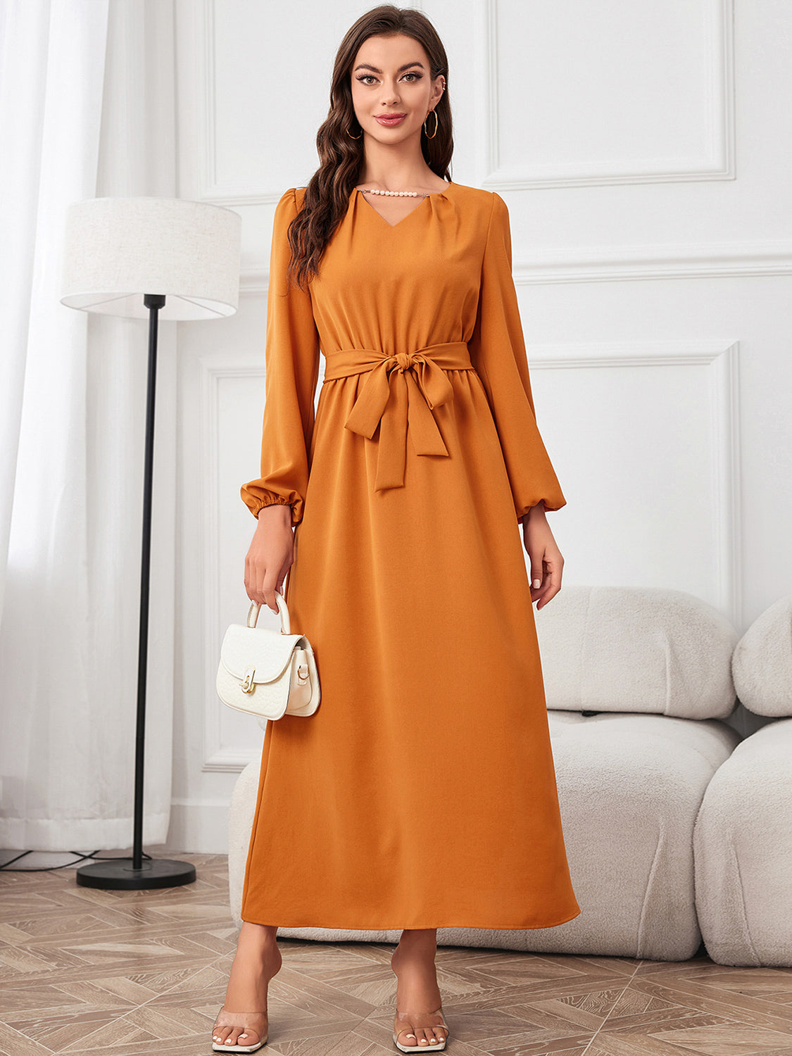 Orange Tie Waist Puff Sleeve Maxi Dress