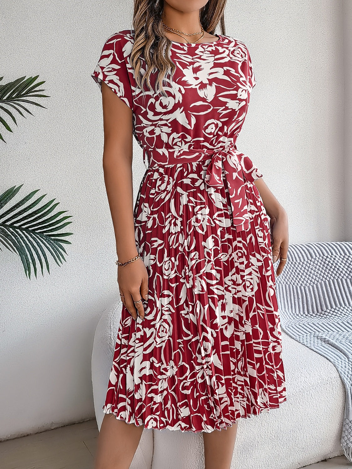 Tied Pleated Floral Printed Short Sleeve Dress