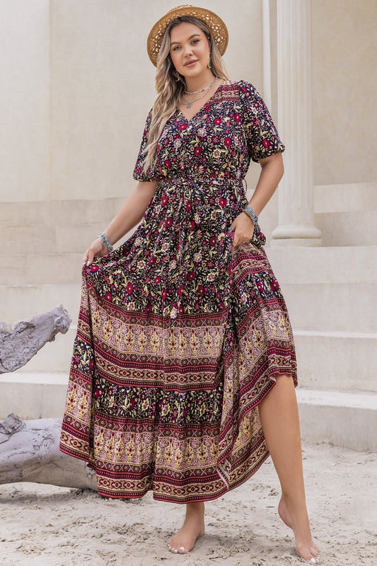 floral print plus size short sleeve dress