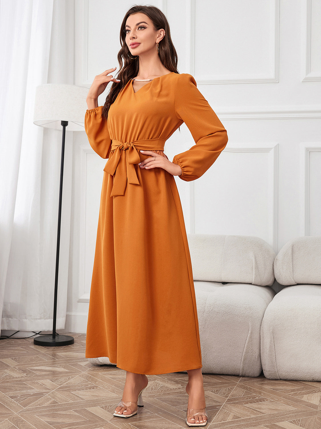 Orange Tie Waist Puff Sleeve Maxi Dress