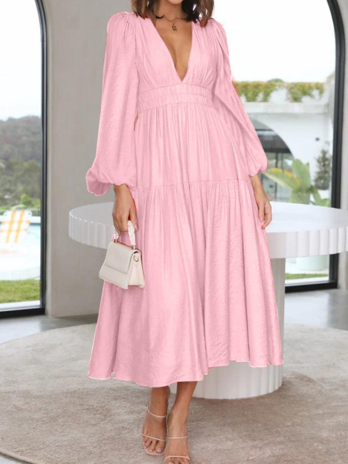 Balloon Sleeve Deep V-Neck Maxi Dress