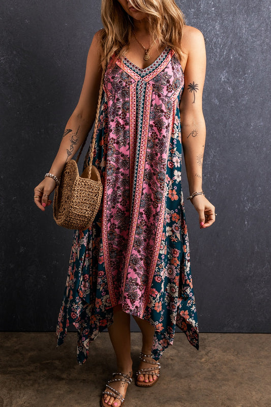 Printed V-Neck high-Low Midi Cami Dress