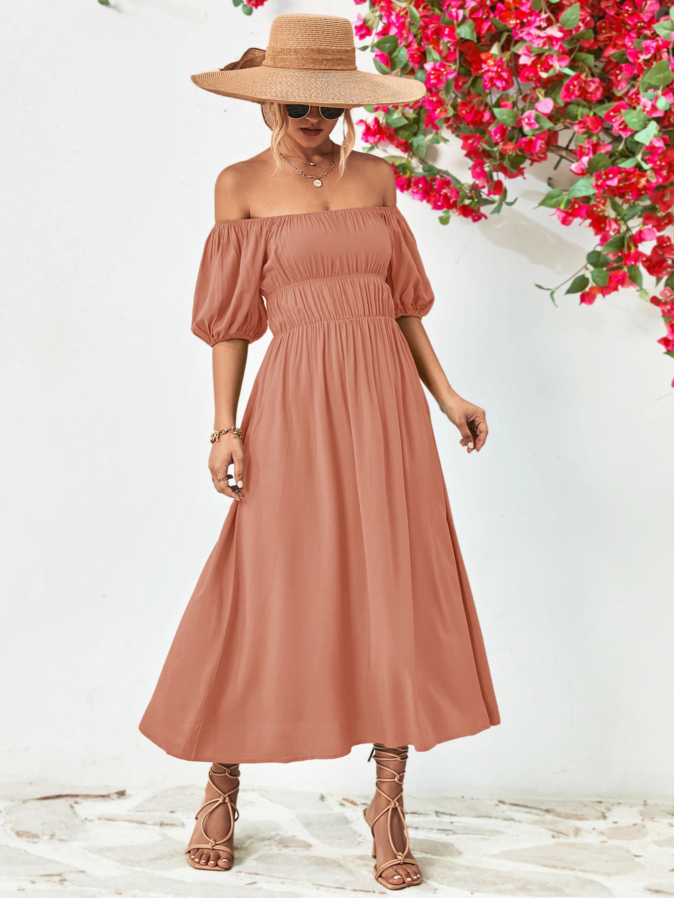 Chic Off-Shoulder Balloon Sleeve Midi Dress