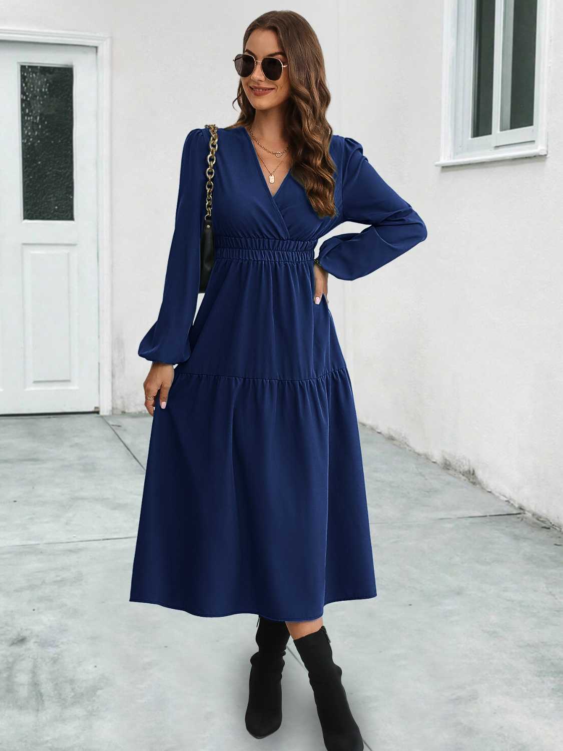 V-Neck Long Sleeve Midi Dress