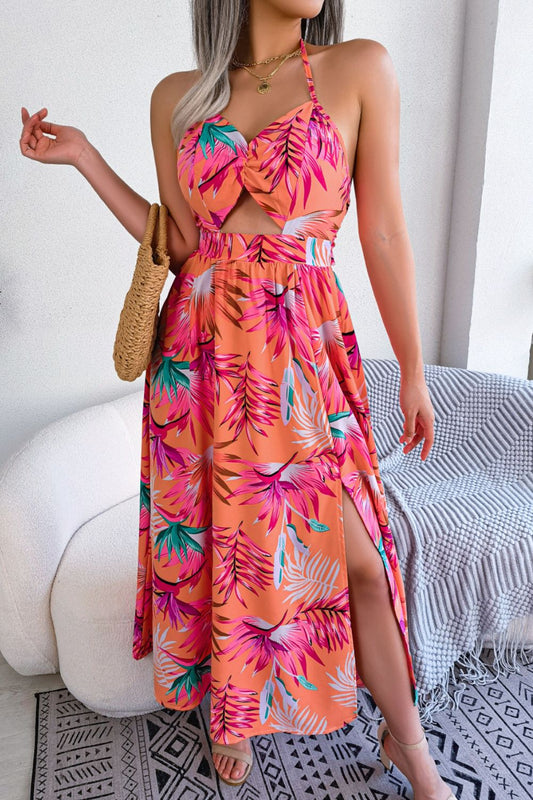 Botanical Print Backless split Dress