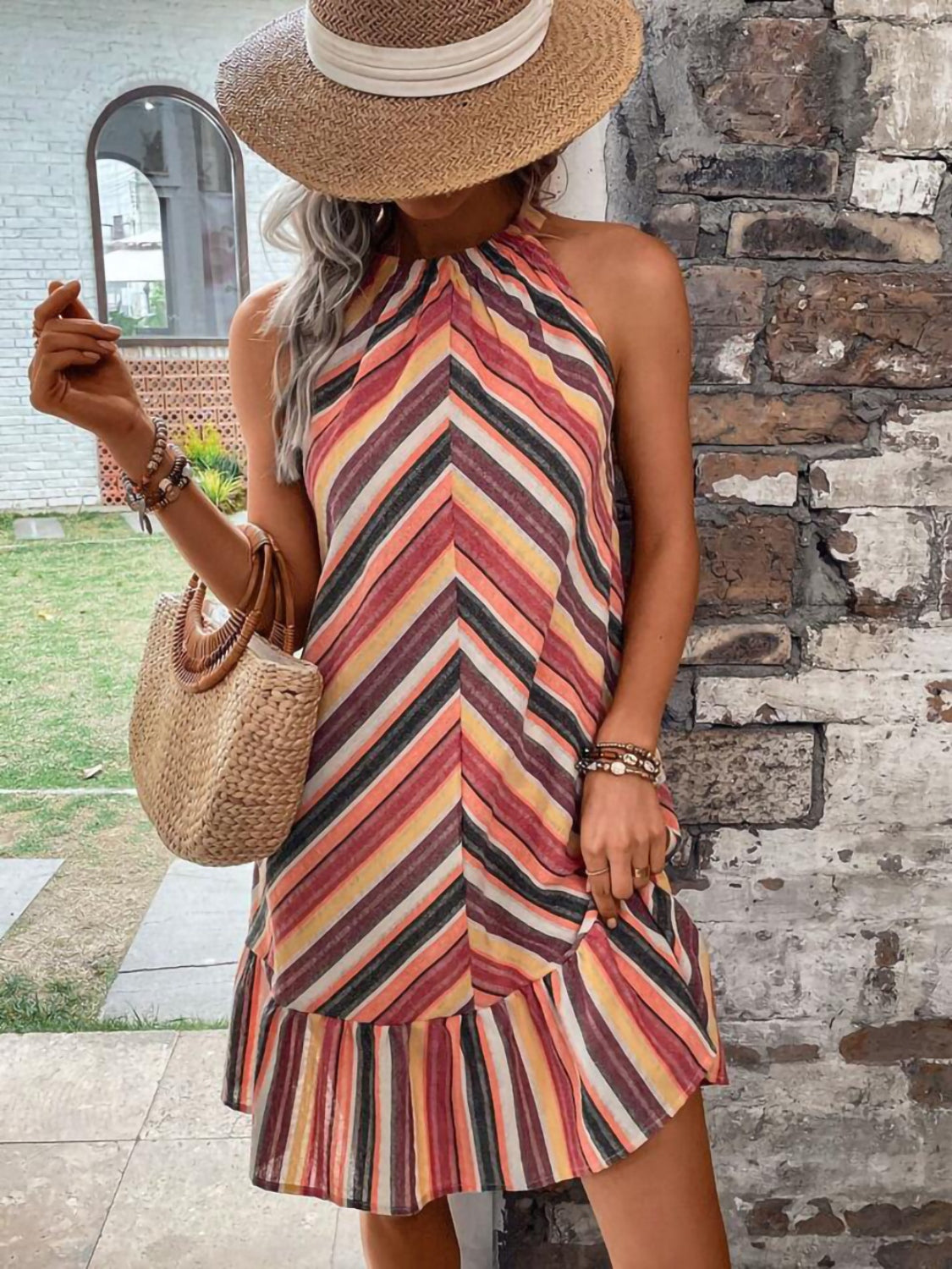 Striped Halter Knee-Length Neck Dress