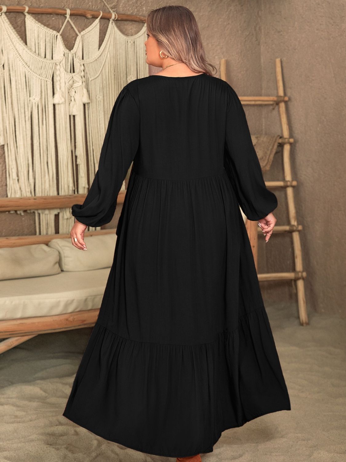 Plus Size Ruffled V-Neck Long Sleeve Maxi Dress