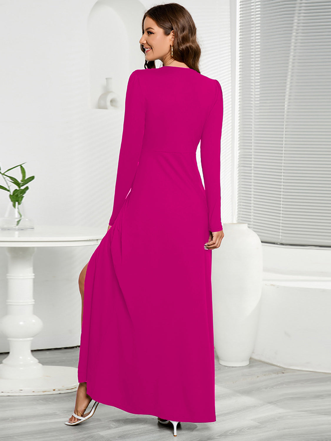 Deep V-Neck Long Sleeve Split Dress