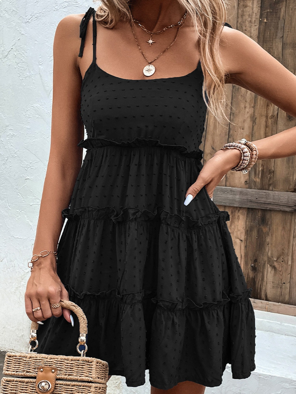 Tied Spaghetti Strap Tiered Frill Dress