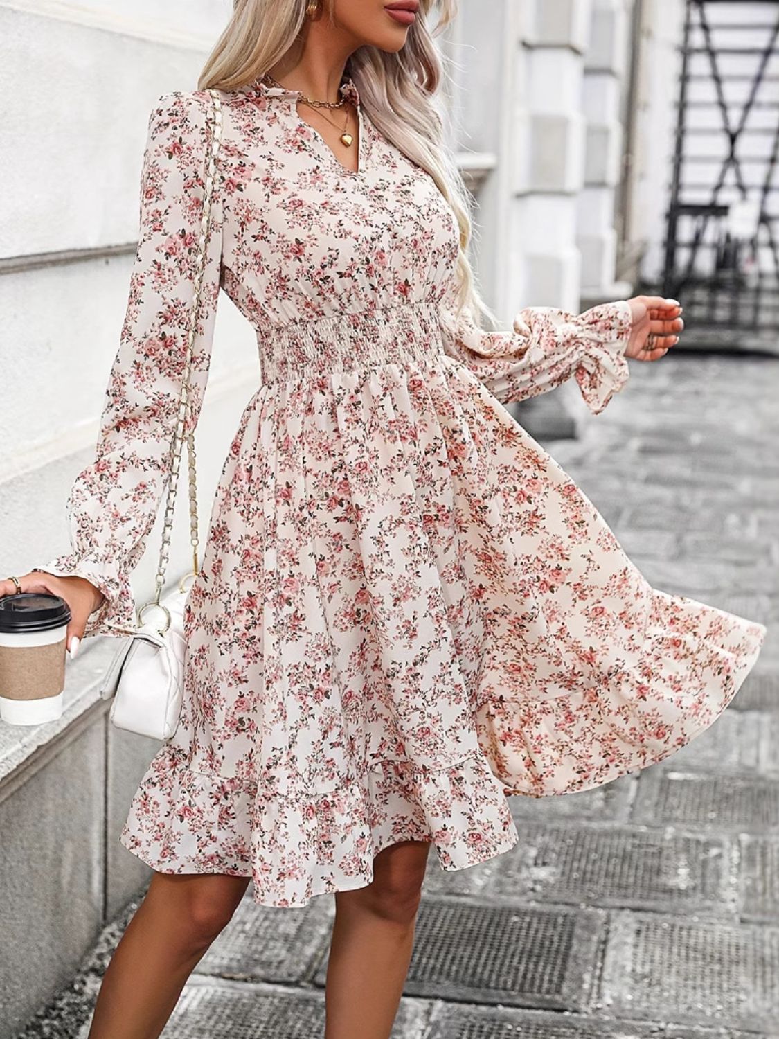 Floral Surplice Ruffle Hem Long Sleeve Dress