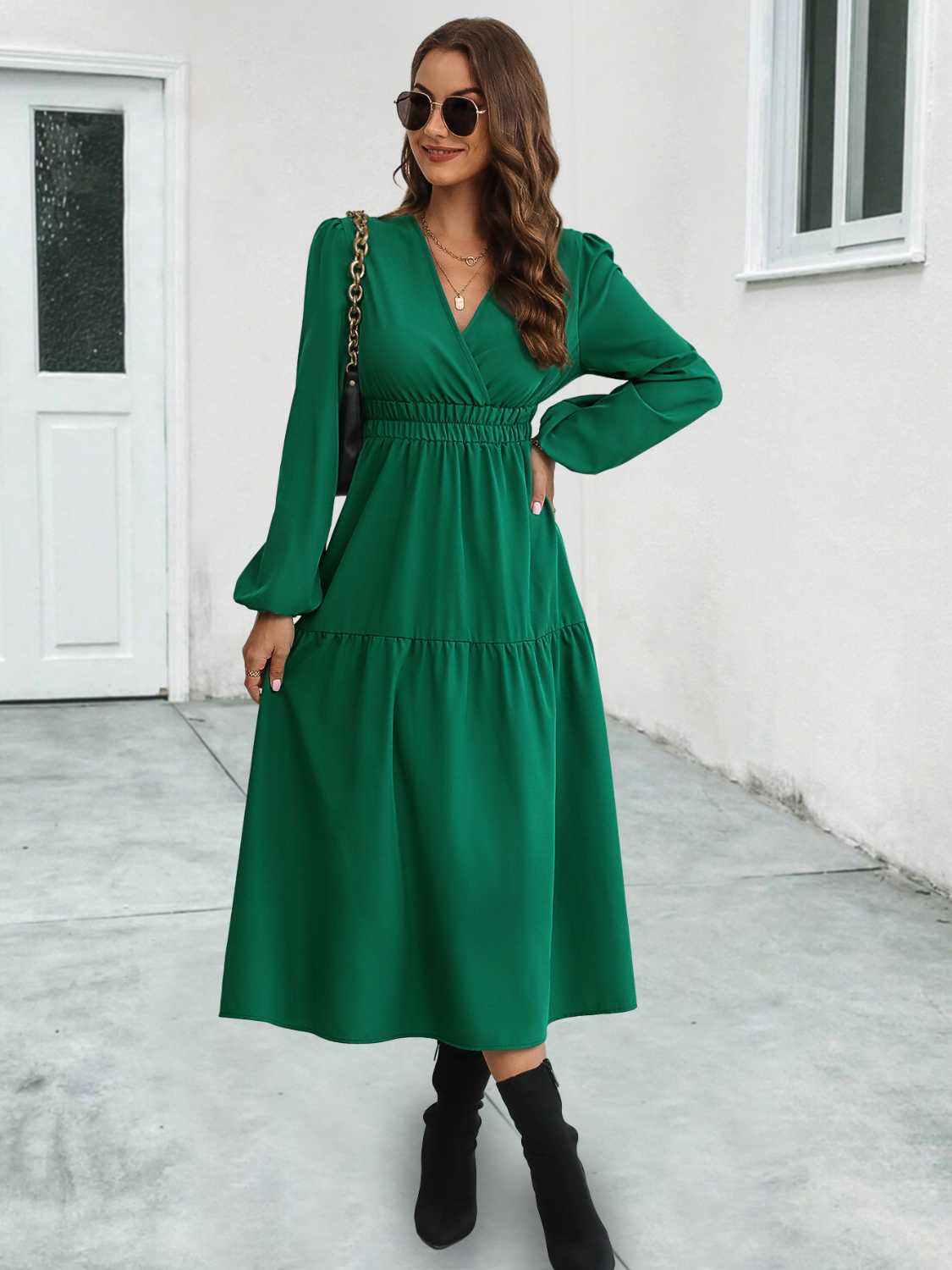 V-Neck Long Sleeve Midi Dress