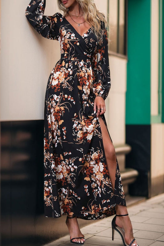 Long Sleeve Printed V-Neck Dress