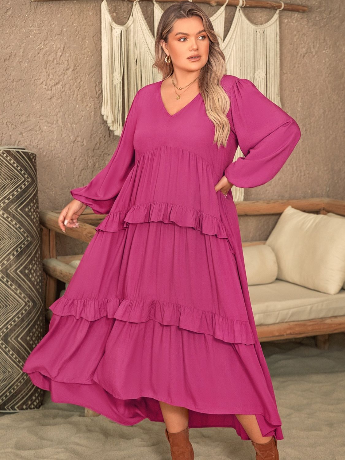 Plus Size Ruffled V-Neck Long Sleeve Maxi Dress