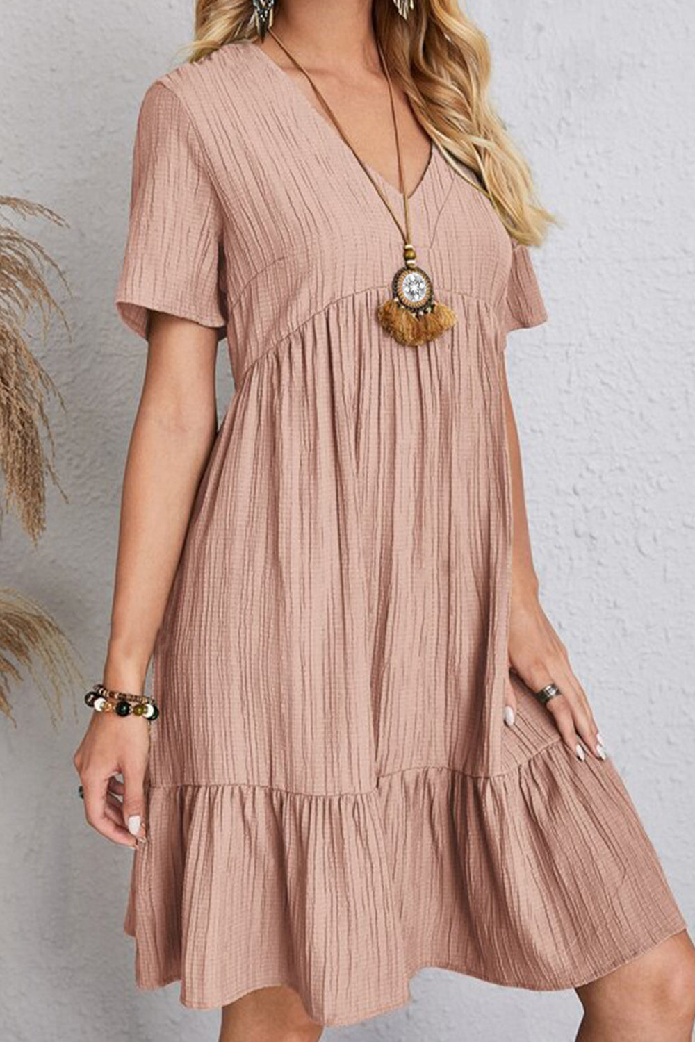 Plus Size Ruched V-Neck Short Sleeve Dress