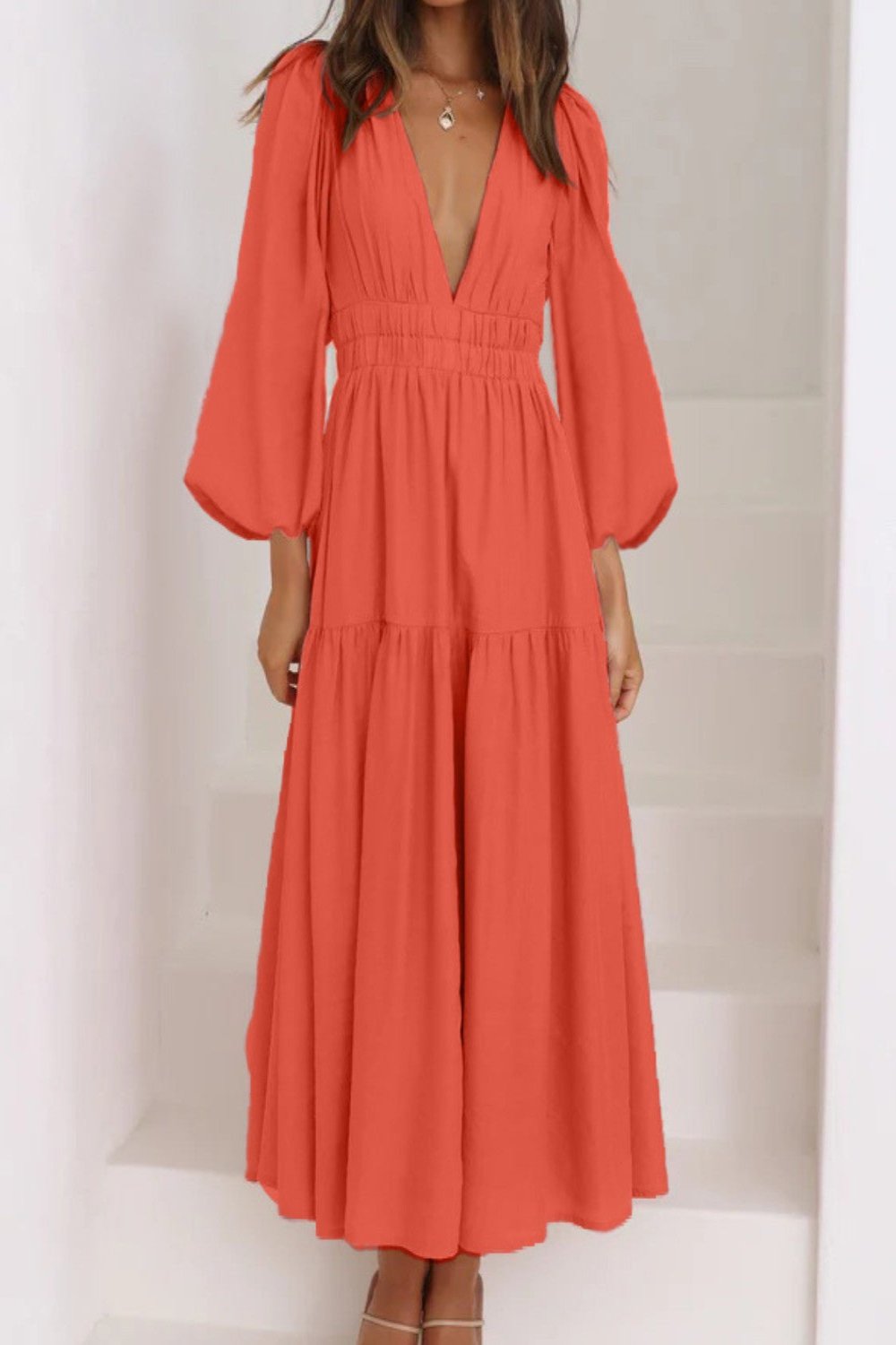 Deep V-neck long sleeve maxi dress