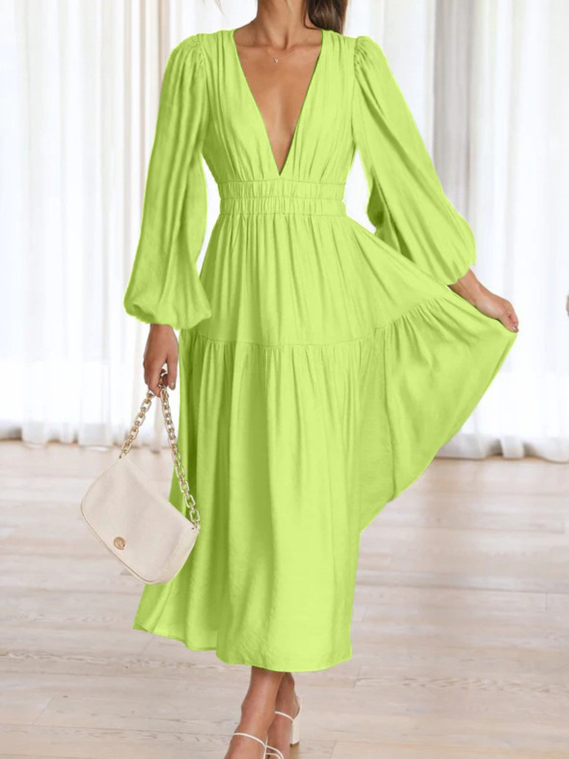 Balloon Sleeve Deep V-Neck Maxi Dress