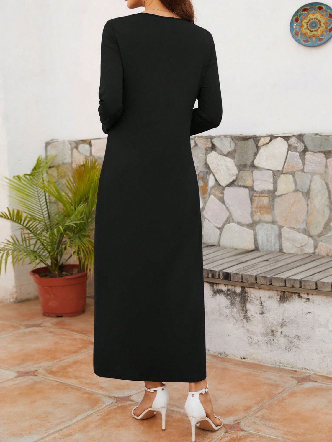 Twist Top Round Neck Long Sleeve Dress