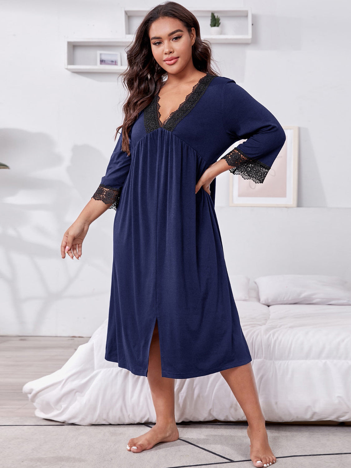 Plus Size Lace Detail V-Neck Casual Dress