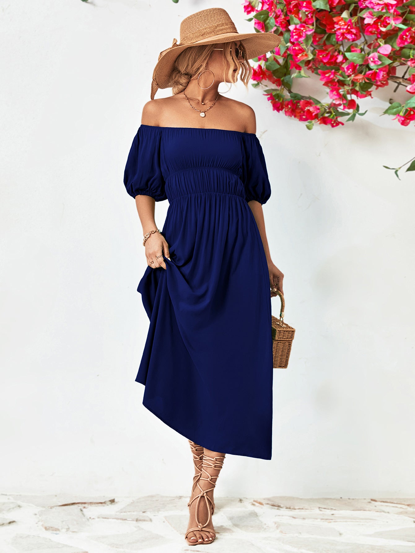 Chic Off-Shoulder Balloon Sleeve Midi Dress