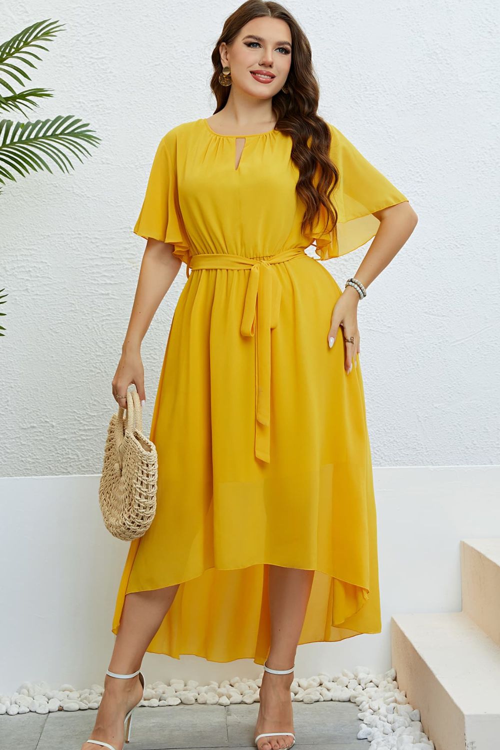 Plus Size High-low tied short sleeve dress